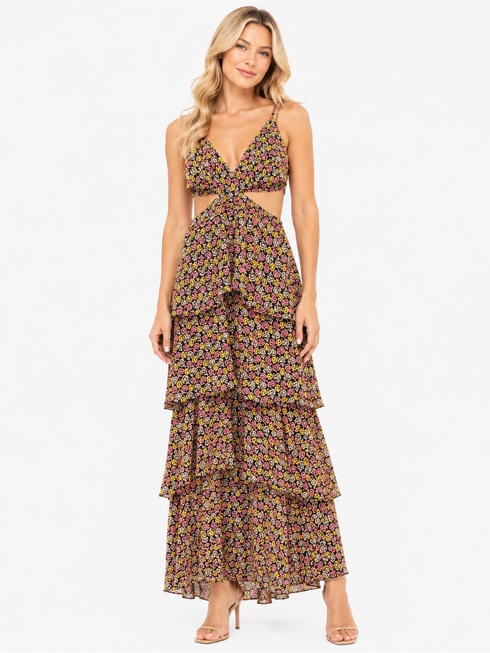 A. L. C. Titus Dress Size 6 Floral Ruffle Tiered Cutout Maxi - Black/Pink